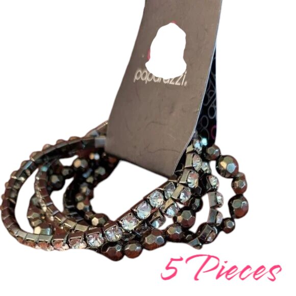 Paparazzi Set of Silver Colored Beads Stretch Bracelets 5 Count NWT - Picture 1 of 2